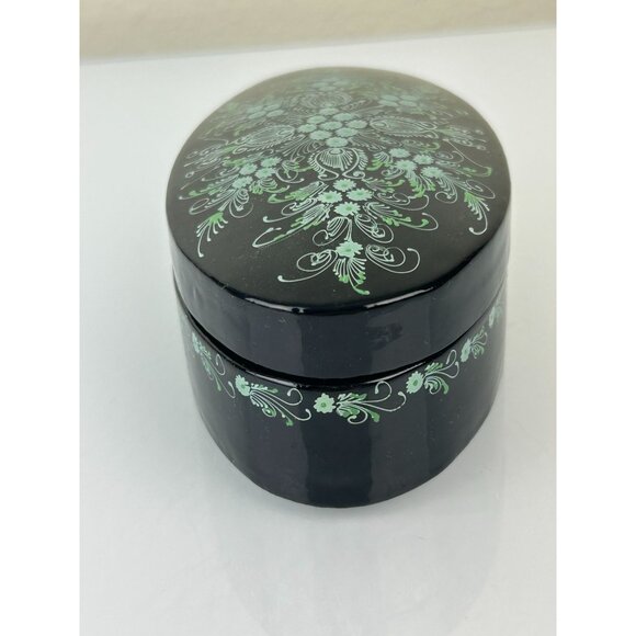 Vintage Green Teal Black Lacquer Oval Trinket Box Floral Pretty Home Decor Vanit - Picture 9 of 14